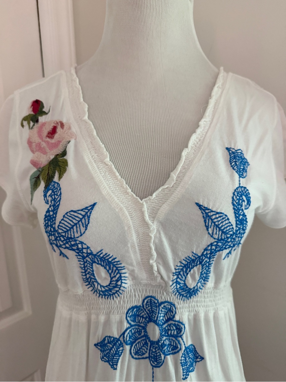 Johnny Was White Midi Dress with Blue Embroidery & Pink Floral - Picture 2 of 12